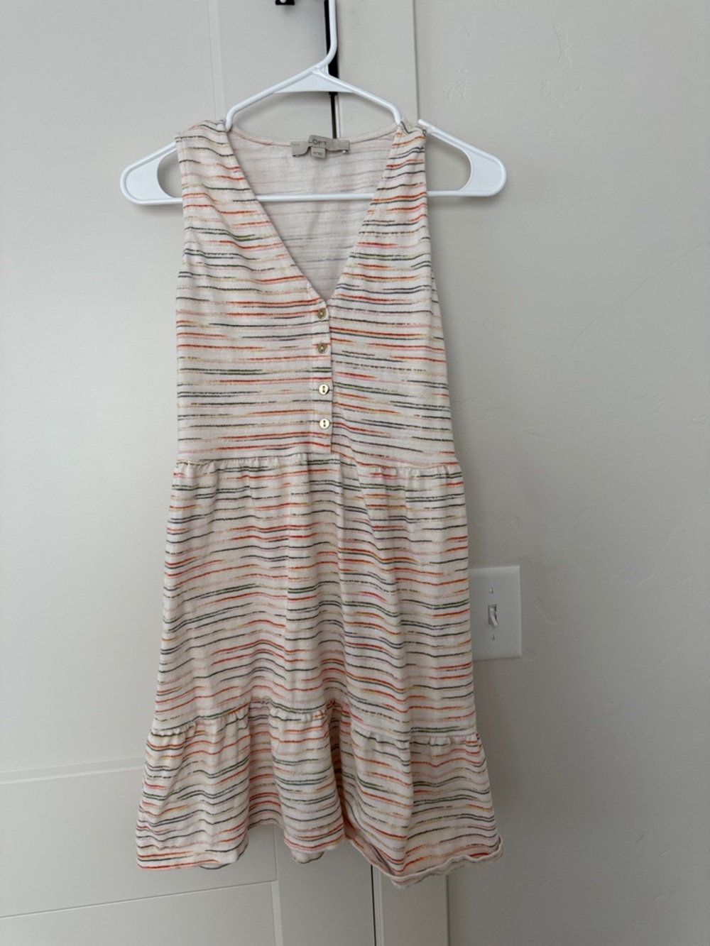 LOFT Cream Striped Sleeveless Button Front Dress